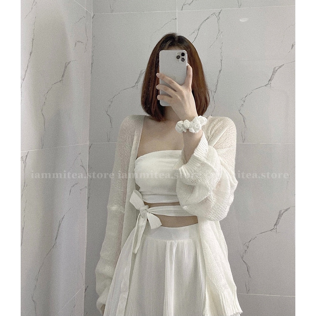 Áo Cadigan len mỏng kèm áo quây buộc nơ eo siêu xinh