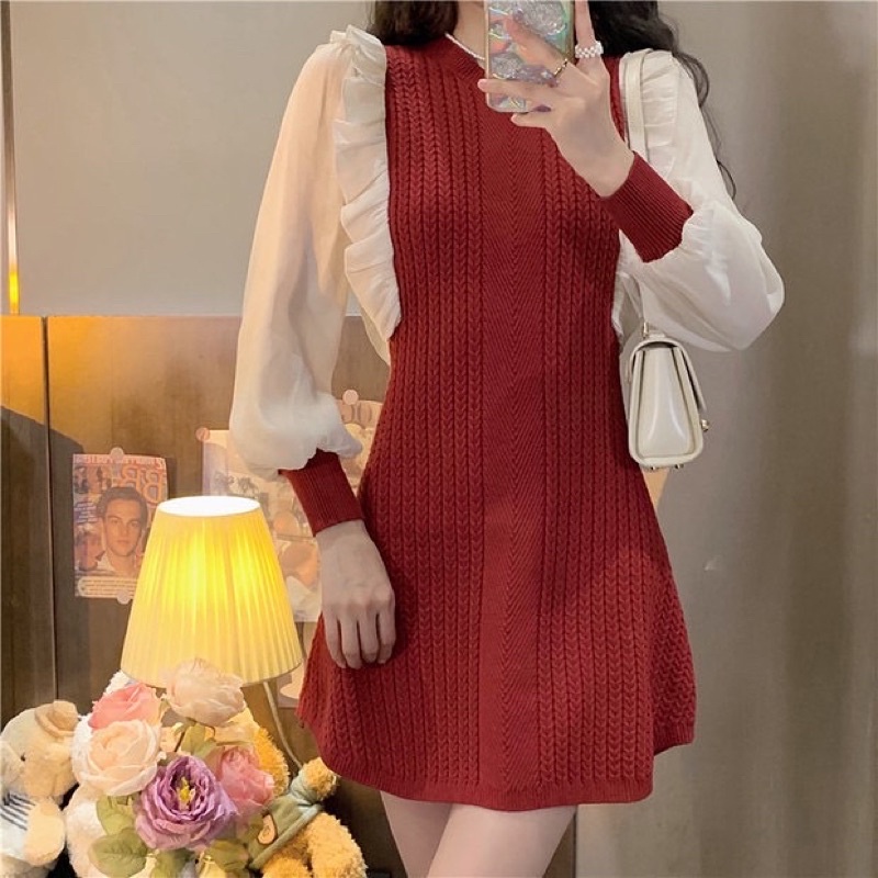 Váy len phối tay voan trắng ulzzang