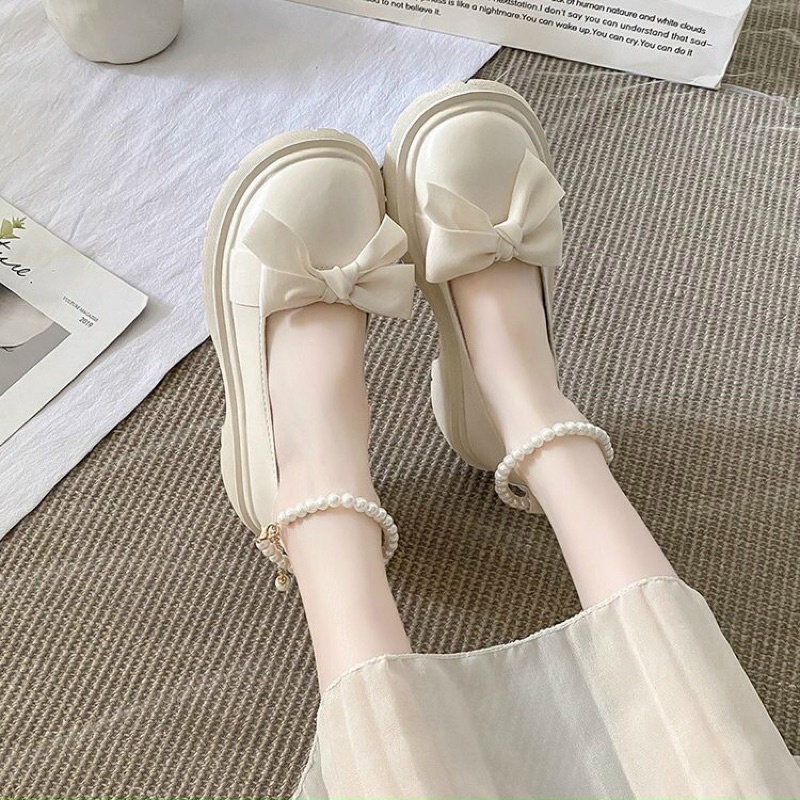 Giày Lolita mũi tròn đính nơ, kèm hạt trai phong cách Hàn nữ tính