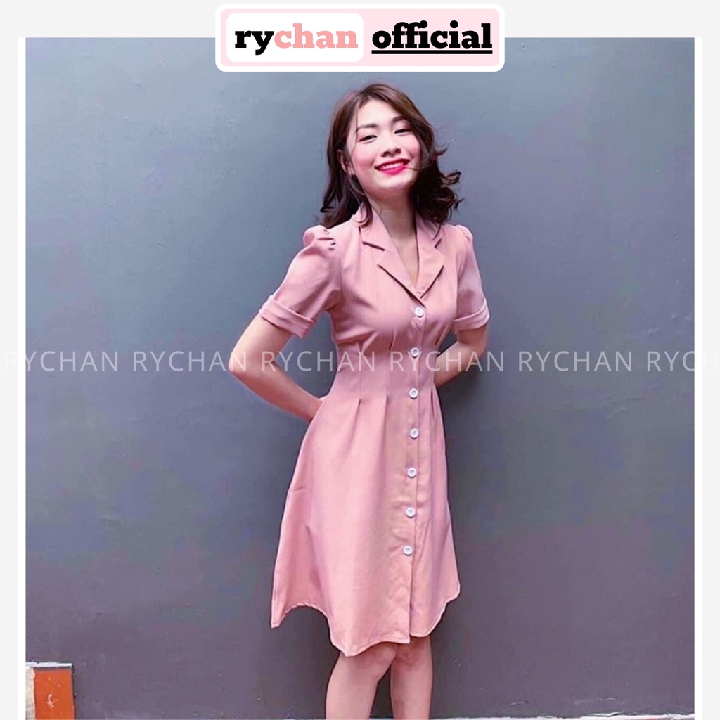 Đầm Dự Tiệc Dáng Xòe Cổ Vest Nút Trước Tay Ngắn Thanh Lịch, Đầm Công Sở Sang Trọng Màu Đỏ Hồng - DX9862