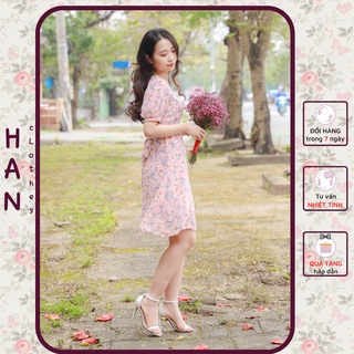 Đầm hoa nhí cổ vuông, váy voan cổ vuông thiết kế han cv140