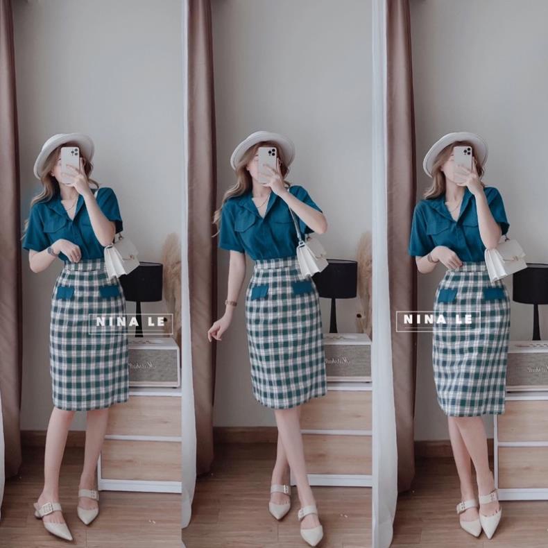 SET ÁO SƠ MI XANH ĐẬM MIX CHÂN VÁY CARO PHỐI NẮP TÚI