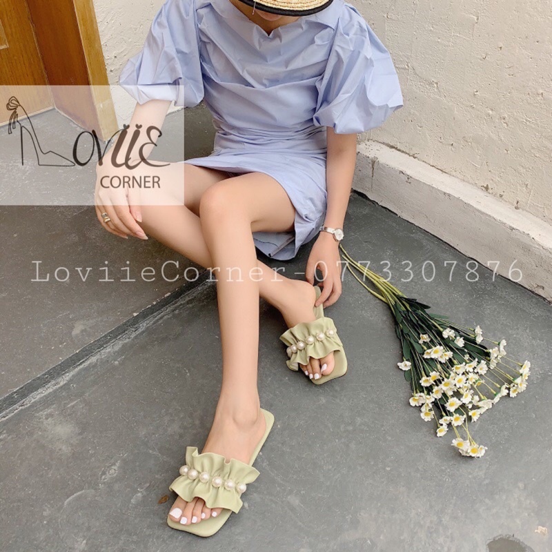 LÊ NỮ LOVIIECORNER - DÉP QUAI NGANG MŨI VUÔNG ĐÍNH NGỌC - DÉP LÊ QUAI NHÚN ĐẾ BẰNG - DÉP NỮ THỜI TRANG -  D210716