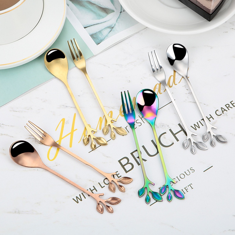 Muỗng Trà Cà Phê Lá Sáng Tạo, Thép Không Gỉ Nĩa Ăn Trái Cây Tráng Miệng Khuấy Thực Phẩm Picks, Nĩa Vàng Cổ Điển Phụ Kiện Nhà Bếp