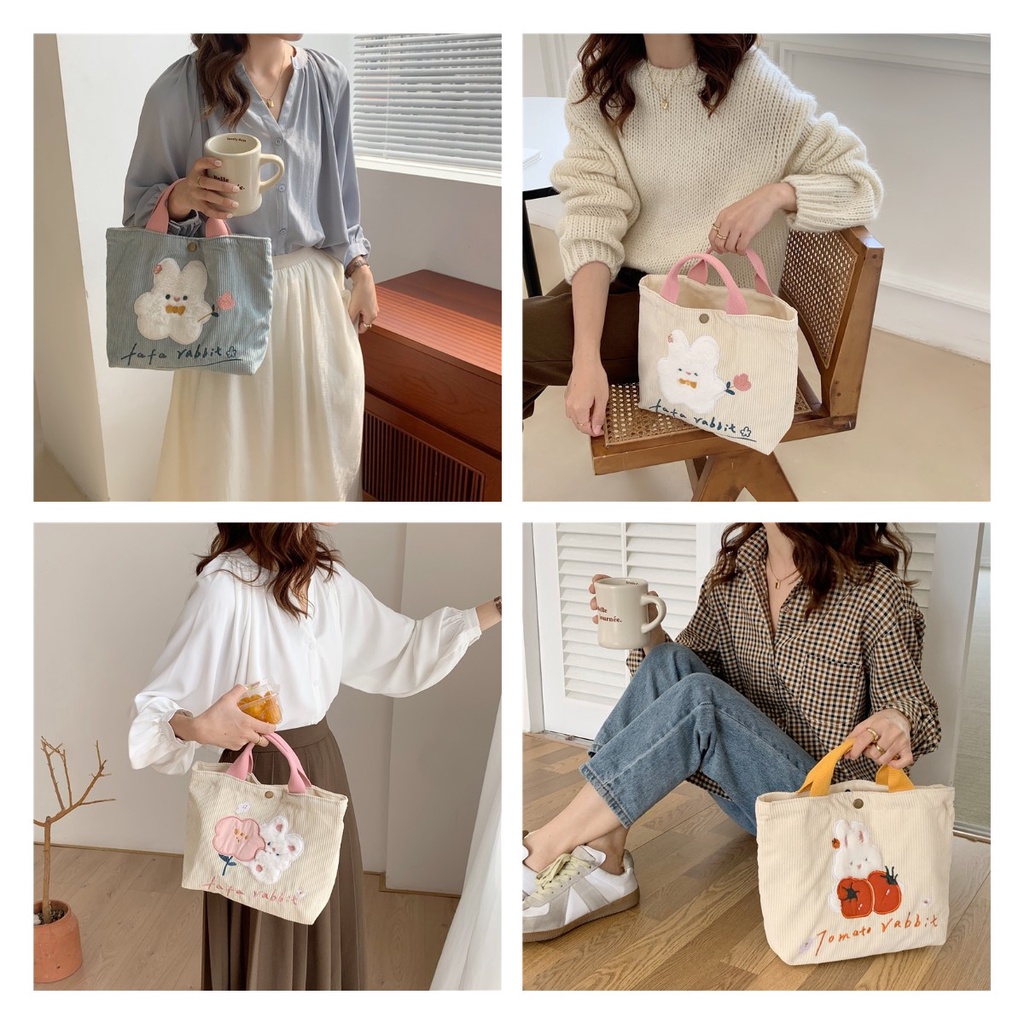 Túi Xách Tote Vải Nhung Thêu Hình Thỏ Hoạt Hình Dễ Thương Dành Cho Nữ