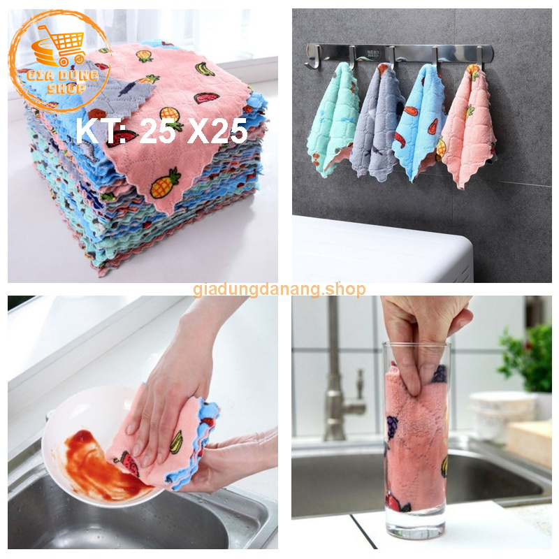 Khăn Lau 2 Mặt Họa Tiết Hoa Quả Hoạt Hình 25x25cm Siêu Thấm Hút Nước Vải San Hô