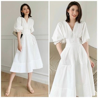 Đầm váy freesize trắng cổ V tùng xoè