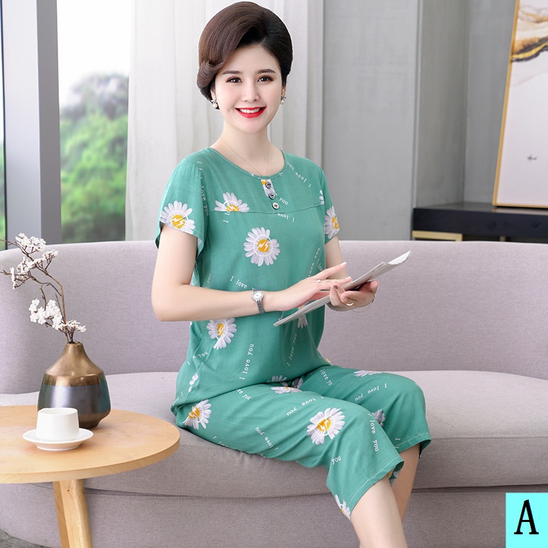 Bộ Đồ Ngủ Tay Ngắn Chất Cotton Lụa Thời Trang Cho Phụ Nữ Trung Niên