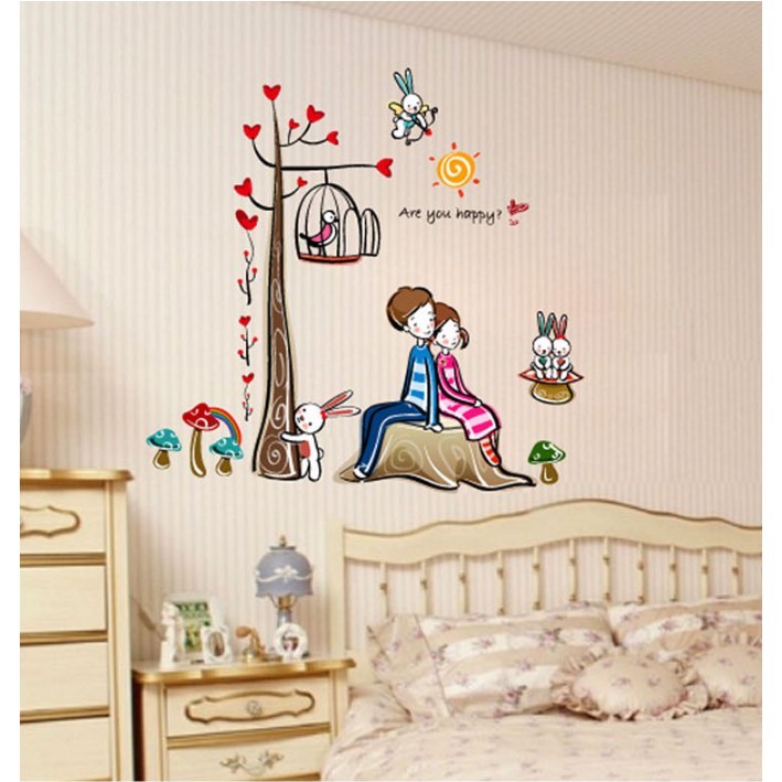 Decal trang trí Cây Tình yêu lồng chim và cặp tình nhân