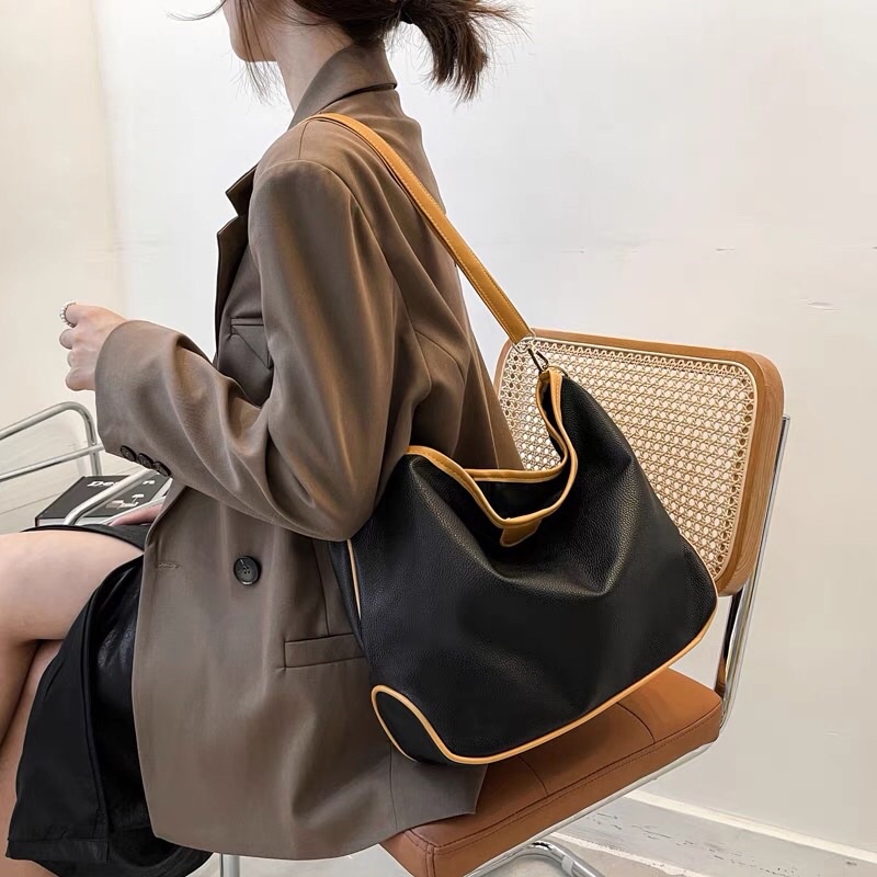 Túi da PU size to dáng công sở phối viền nâu (vừa a4, hình thật)