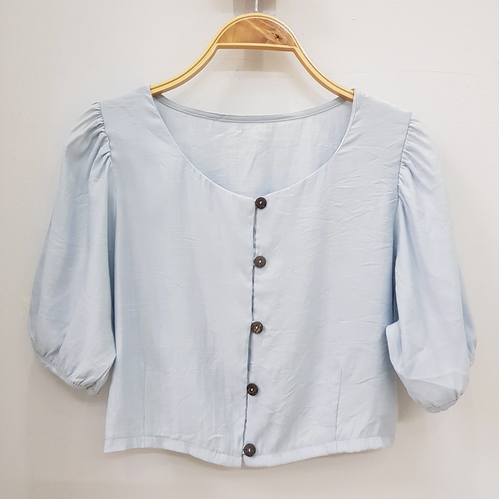 Áo kiểu croptop Nút gỗ Vintage style Hàn quốc Ulzzang Tay phồng Tay ngắn.