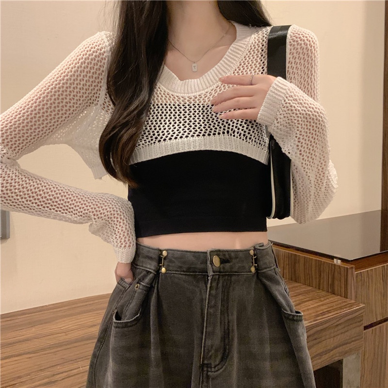 Áo Khoác Len Lửng tay dài THOYEUFASHION,  Áo len dệt kim lỗ lưới kiểu dáng gợi cảm đi biển, đi chơi hotrend