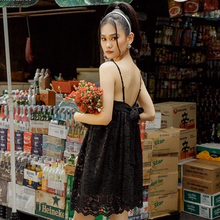 Nétro - Đầm xòe ngắn hai dây First Love vải ren đen
