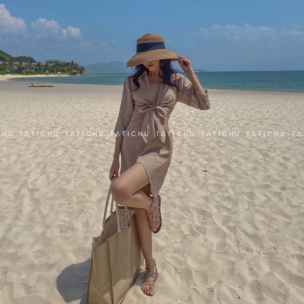 Tropicana Shirt Dress- Đầm sơ mi cổ xẻ V cột nơ, đầm linen đi biển, mùa hè | BigBuy360 - bigbuy360.vn