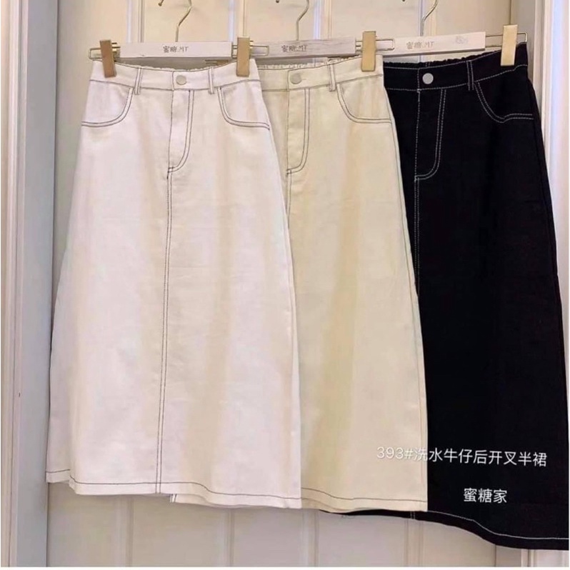 Chân váy kaki jean đen chỉ nổi dáng dài có túi xẻ tà chun phía sau Vintage | BigBuy360 - bigbuy360.vn