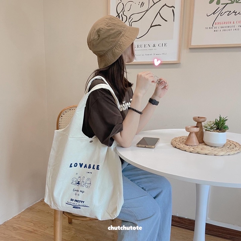 T332-333/Túi vải túi tote canvas phong cách Nhật Bản có khoá cúc bấm phom dáng to rộng đựng laptop
