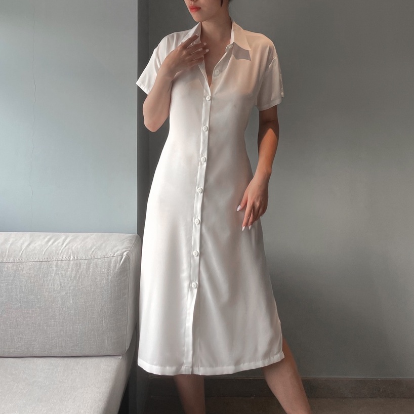 Đầm sơ mi trắng GUINE SHIRT DRESS  dài thắt dây, Đầm suông trắng