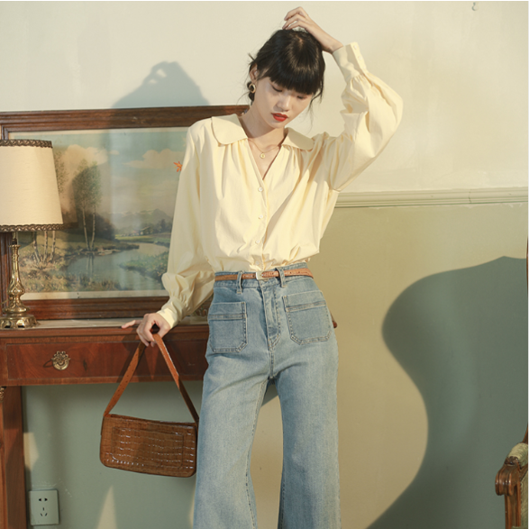 Áo Sơ Mi Tay Phồng Màu Trơn Phong Cách Retro Thanh Lịch Dành Cho Nữ