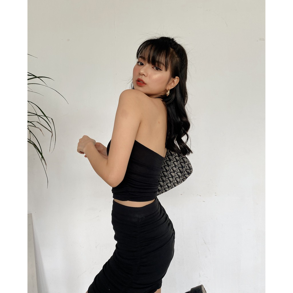 Áo croptop yếm dây mảnh nhún eo trơn Mia Ritta A2046 ảnh thật