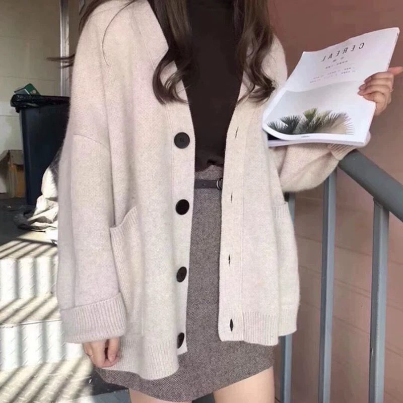 Plus Áo Khoác Cardigan Dệt Kim Tay Dài Dáng Rộng Cổ Chữ V Phong Cách Hàn Quốc Cho Nữ