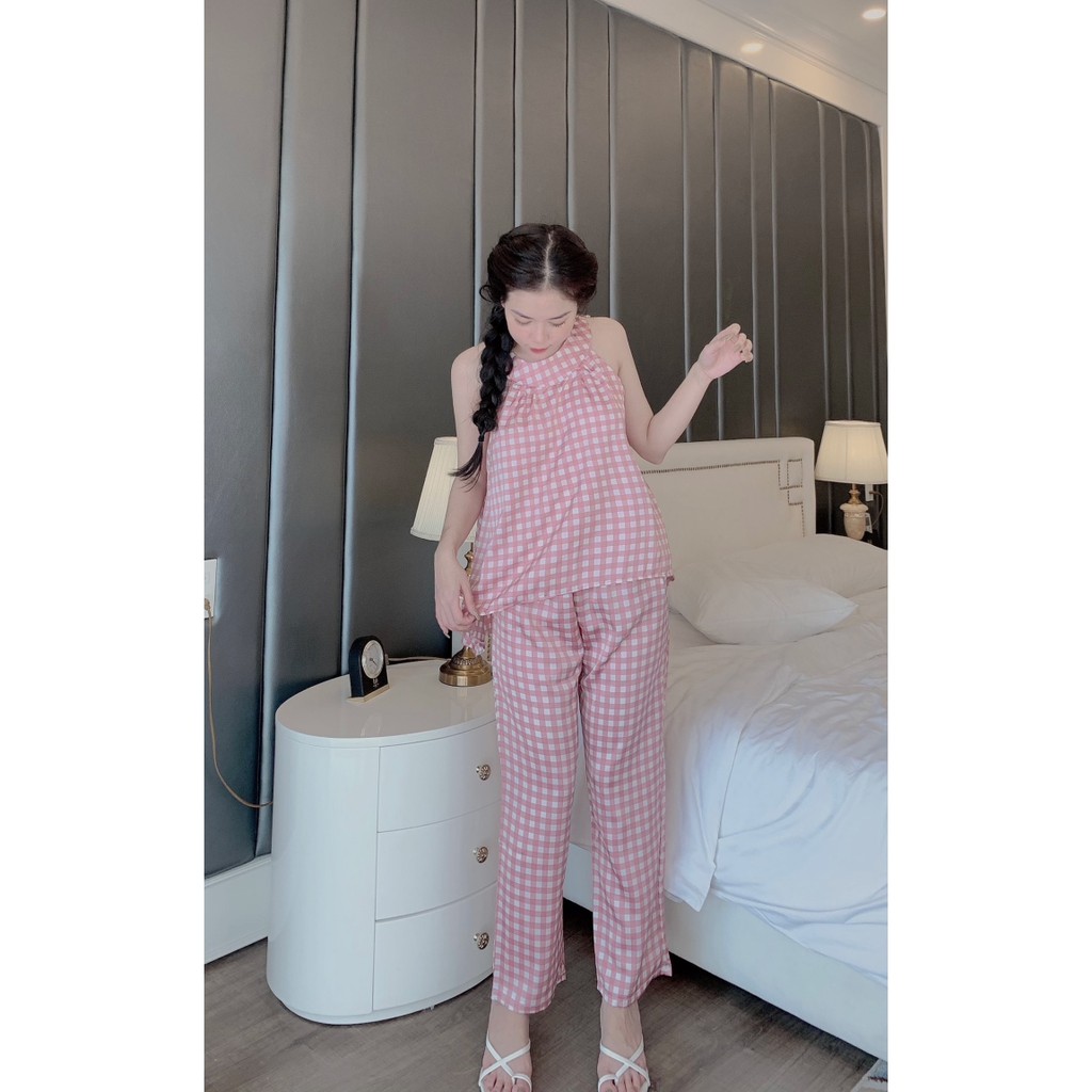 Pijama cổ yếm lụa latin quần dài - Đồ ngủ nữ lụa Latin loại 1 cao cấp không nhăn (ẢNH THẬT CỦA SHOP)