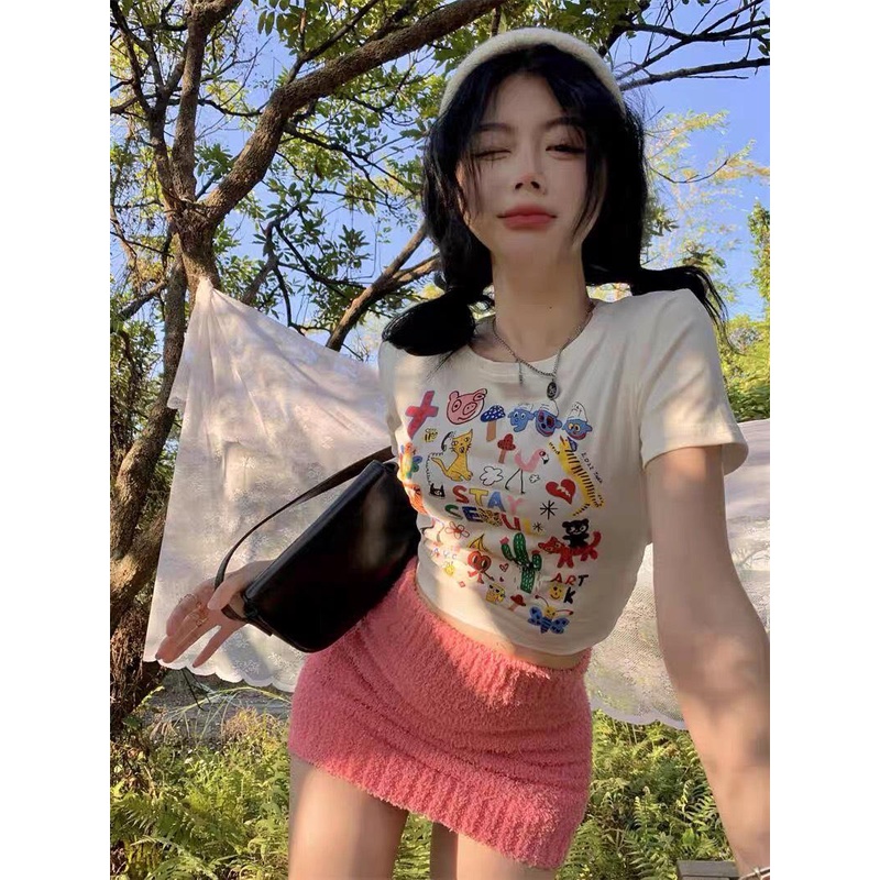 Áo Thun Croptop PINKSTORE29 Tay Ngắn In Hình Sở Thú Nhí Nhảnh Lạ Kỳ A5444