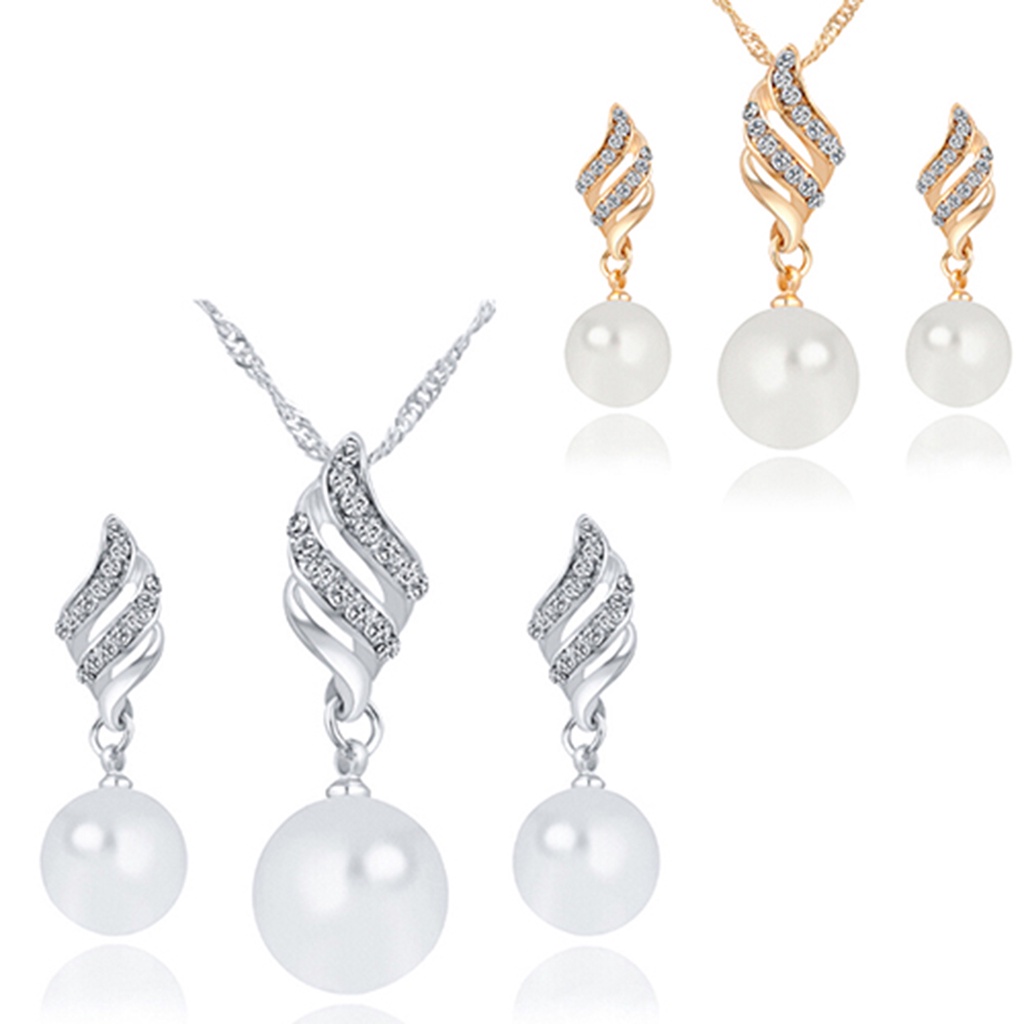 Bộ dây chuyền khuyên tai đính đá quý ngọc trai nhân tạo sang trọng quý phái dành cho nữ