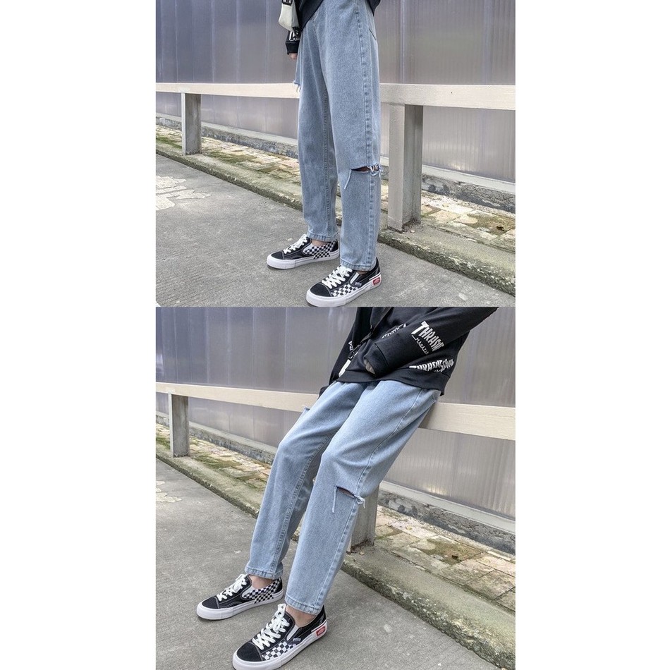 Quần baggy xanh nam nữ rách cạnh , dáng suông , ống rộng , không phai màu phong cách Hàn Quốc | BigBuy360 - bigbuy360.vn