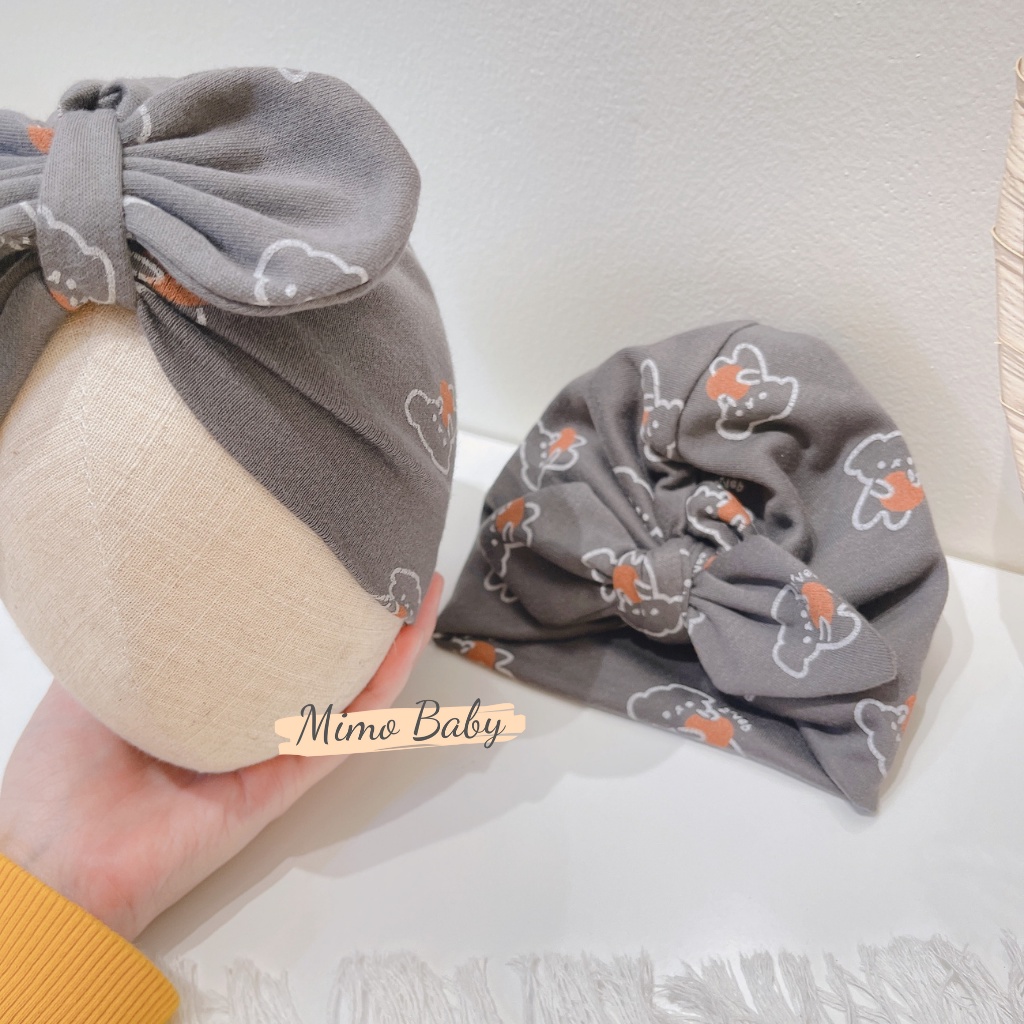 Mũ turban màu xám đen họa tiết hình gấu cho bé MTB95 Mimo Baby