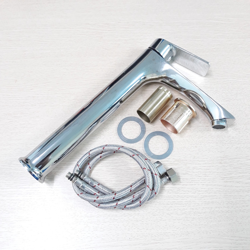 Vòi Bồn Rửa Mặt, Lavabo Nóng Lạnh Inox 304 Thân Trụ Cần Gạt Bằng 30cm Mạ Màu Bạc Với Lõi Đồng Cao Cấp