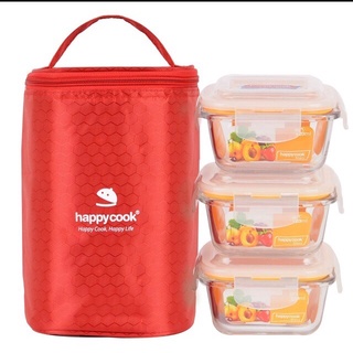 Bộ 3 hộp thuỷ tinh vuông/ tròn 400ml/520ml đựng thực phẩm kèm túi giữ nhiệt happy cook cao cấp