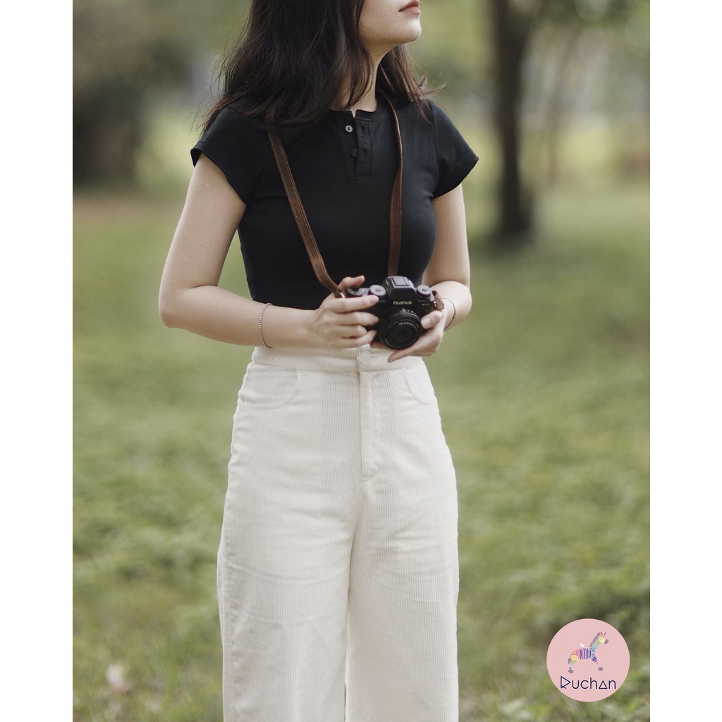 Áo thun croptop RUCHAN đen chất cotton tay ngắn kiểu cổ có nút ôm body cho nữ