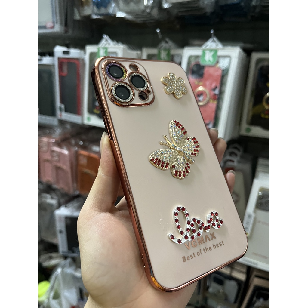 CUTE  Ốp lưng iphone cạnh vuông bảo vệ camera họa tiết Love bướm đính đá nổi 7 8 X XS 11 12 13 PLUS MAX