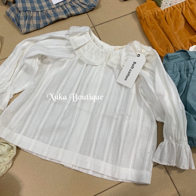 Set yếm vải kèm áo sơ mi trắng Bé Gái cổ tròn Soft Cotton Cao Cấp Sz 80/90/100/110 ( Ảnh thật)