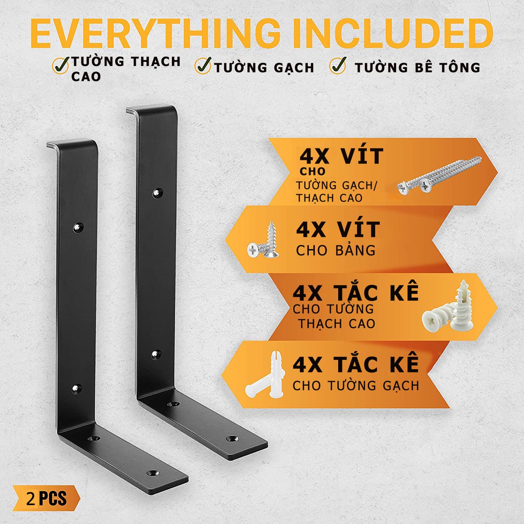 Bộ 2 giá đỡ chữ L, Pat L mặt trên 30cm , bằng thép phủ sơn tĩnh điện, kèm phụ kiện vít tắc kê