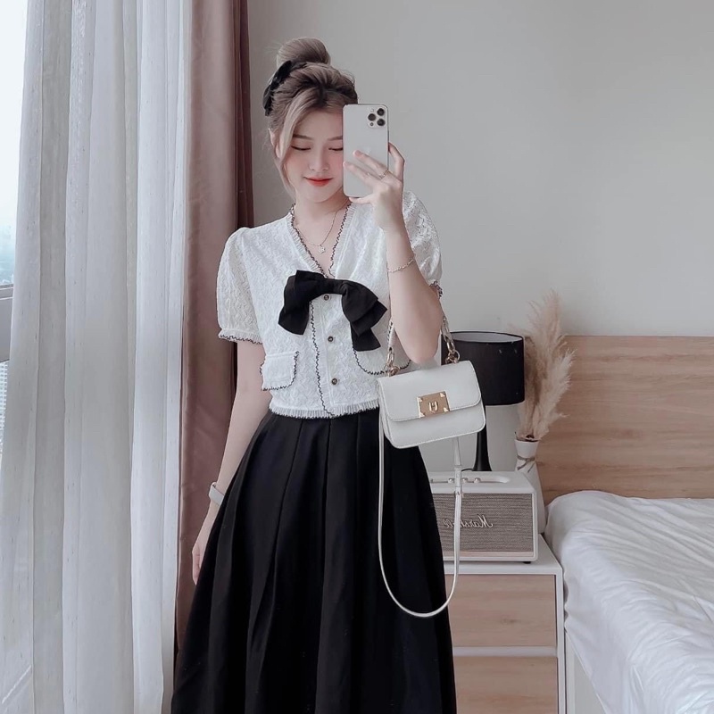 SET ÁO REN CROPTOP + CHÂN VÁY MIDI ĐEN