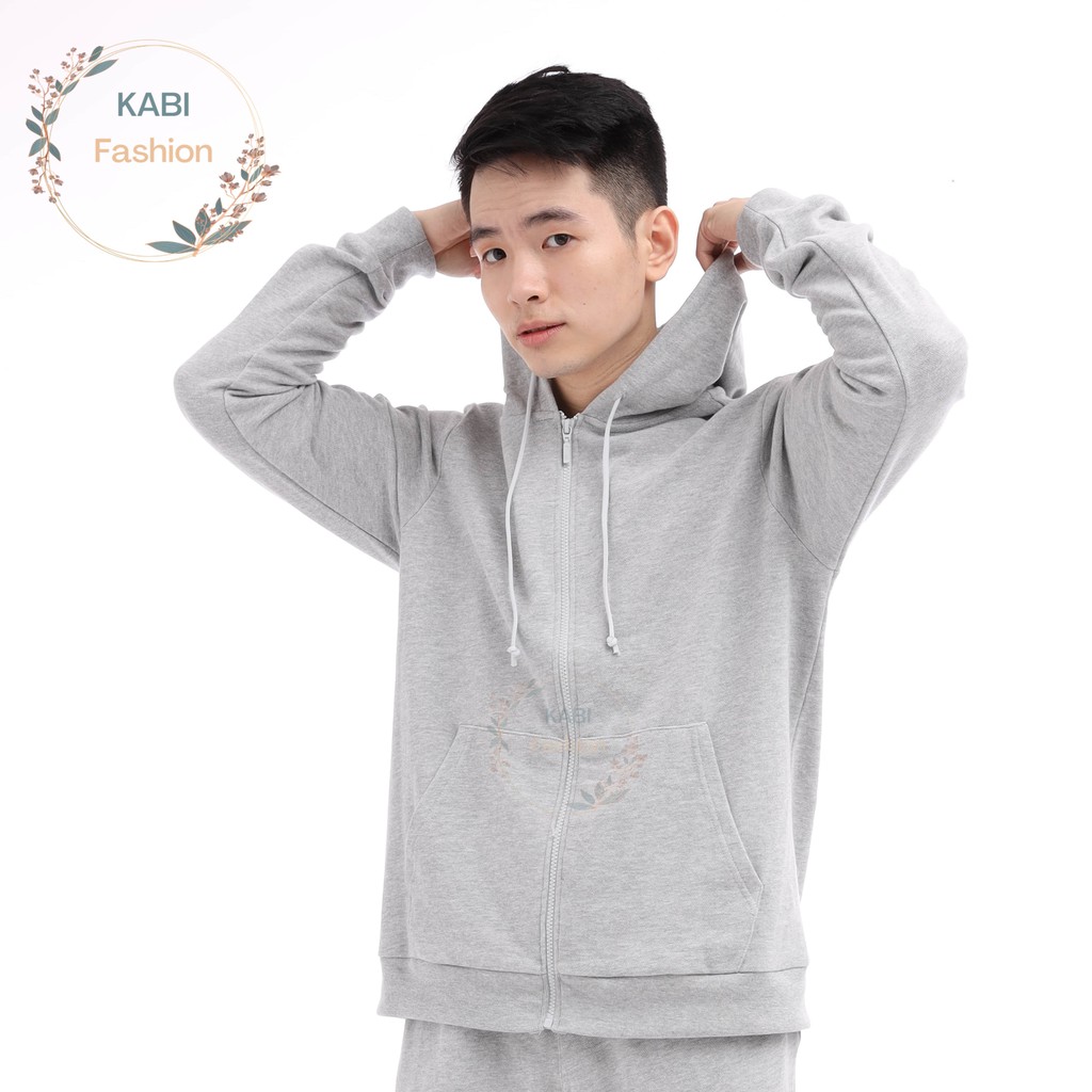 Đồ bộ áo khoác nam hoodie KABI xám trơn đồ thu đông thun cotton nỉ có dây kéo