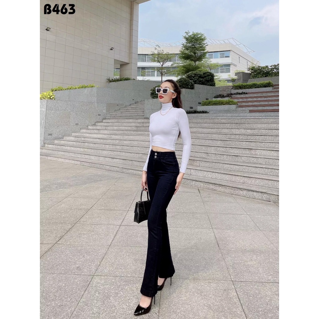 [Size 27-35] Quần jean dài nữ ống bass lưng cao mẫu trơn co giãn mạnh màu đen