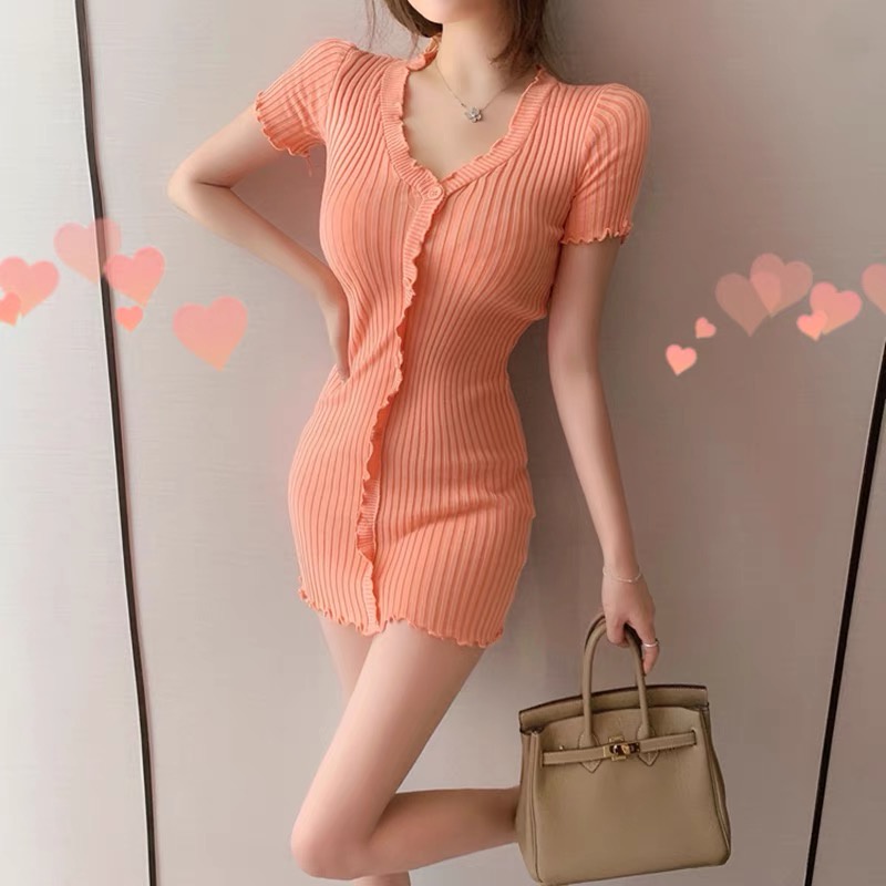 đầm váy len dệt kim tăm mix viền bèo (265#)
