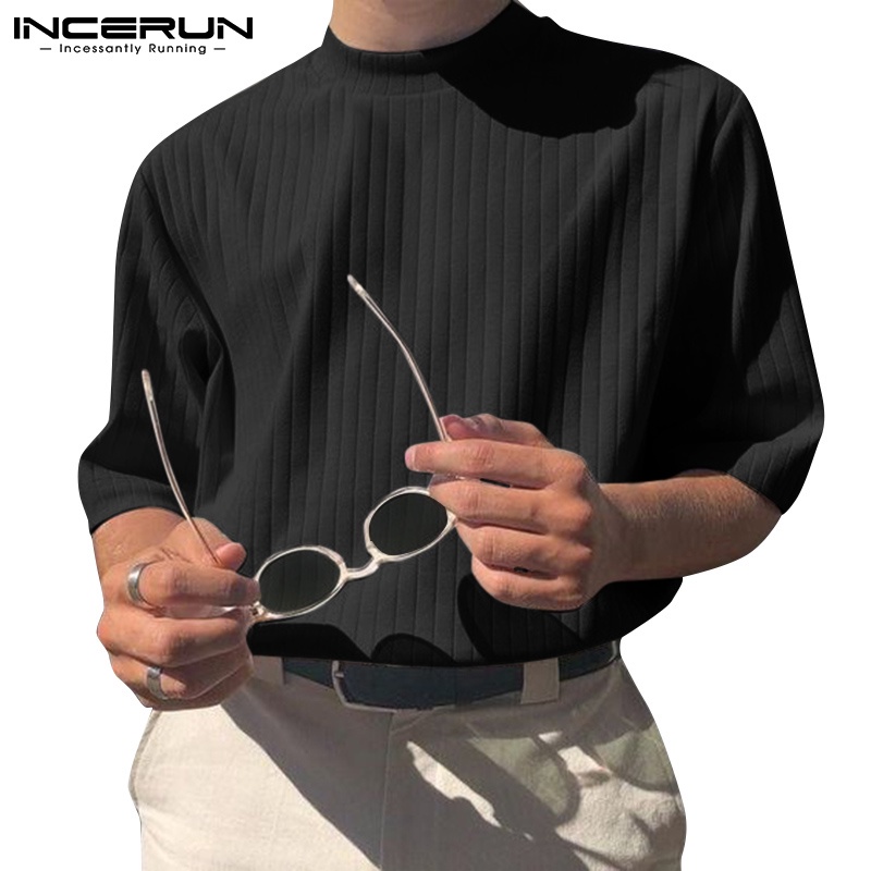 Áo thun INCERUN tay lỡ cổ tròn màu sắc đơn giản cho nam