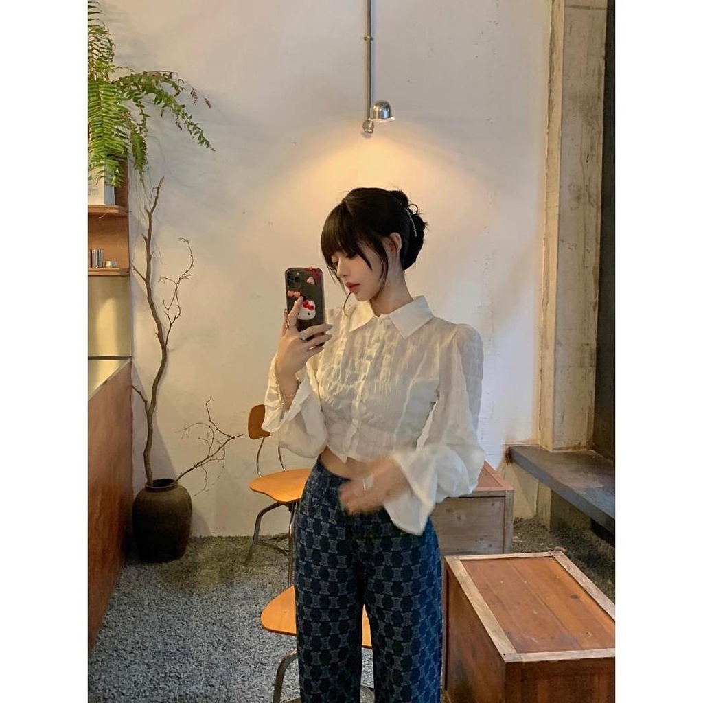 Áo Blouse Nữ Plus Size Tay Dài Hở Lưng Màu Trơn Phong Cách Vintage Hàn Quốc
