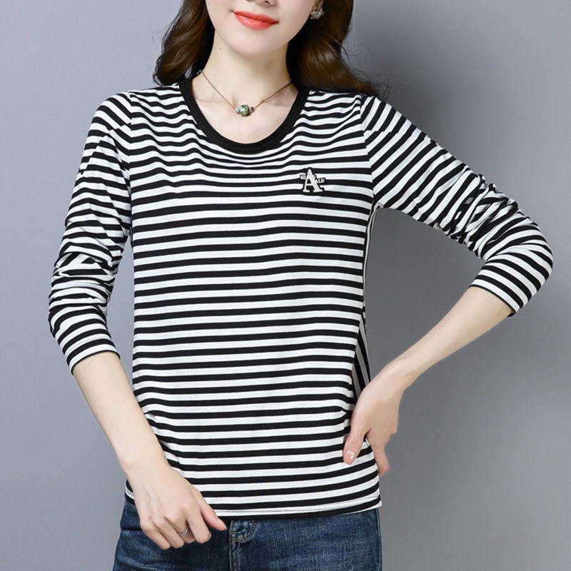 Áo Thun Tay Dài Họa Tiết Kẻ Sọc Phong Cách Phương Tây Thời Trang Mùa Thu Mới Cho Phụ Nữ Trung Niên