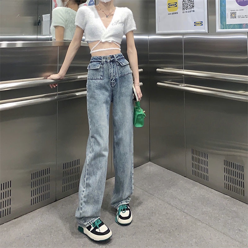 Quần Jeans Lưng Cao Ống Rộng Phong Cách Đường Phố Mỹ Cho Nữ