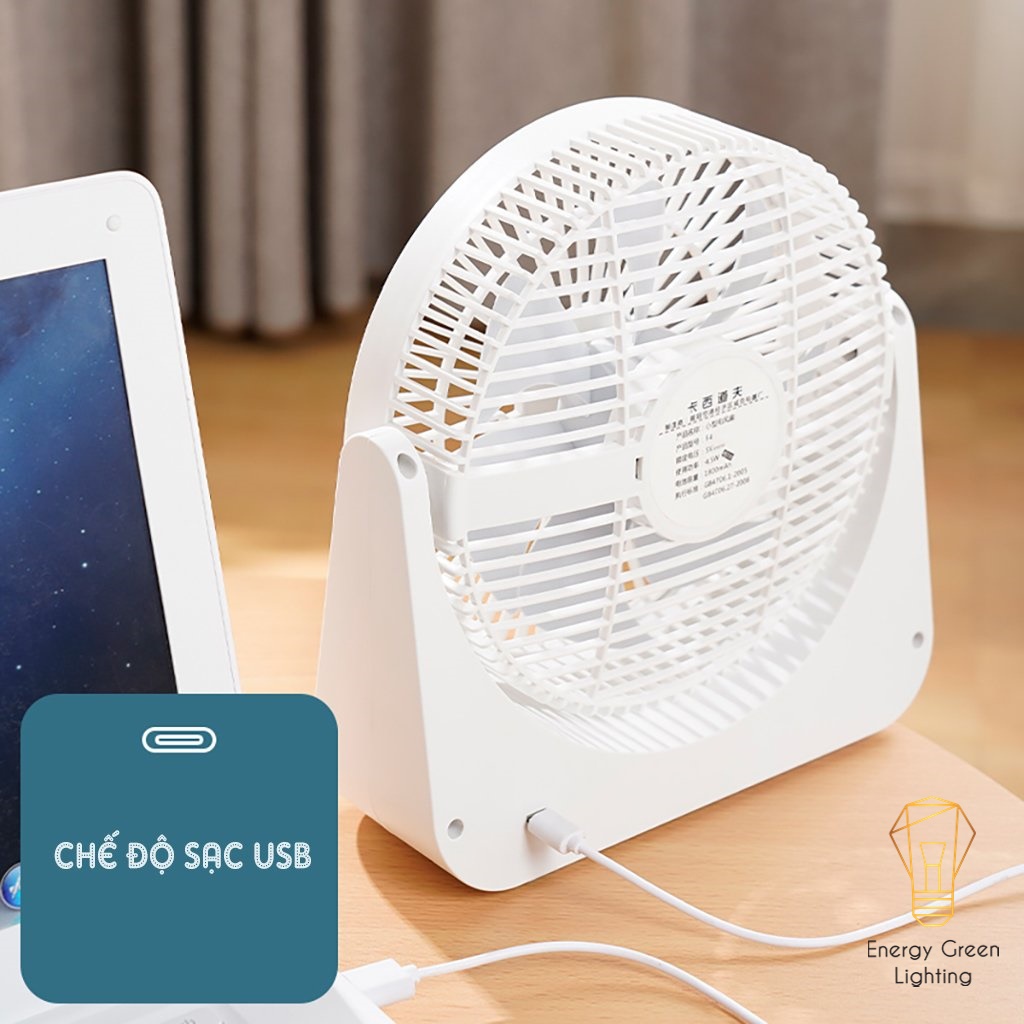 Quạt Tích Điện Để Bàn Energy Green Lighting F4 - 4Tốc Độ Gió - Pin 3600mAh Siêu Khỏe - Lật Lên Lật Xuống 90 Độ