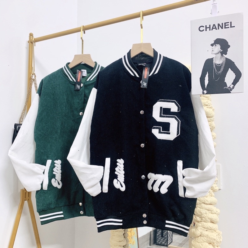 Áo Bomber Thể Thao Áo Khoác Bóng Chày Nhung Tăm Chữ S