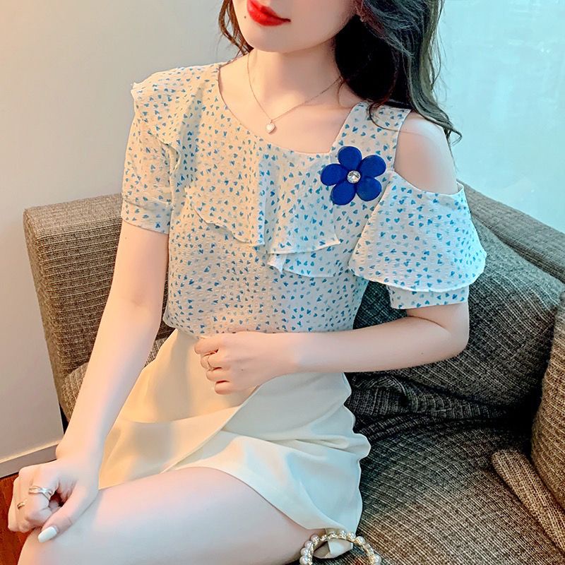 Áo Sơ Mi Chiffon Tay Ngắn Phối Bèo Thời Trang Mùa Hè Dành Cho Nữ