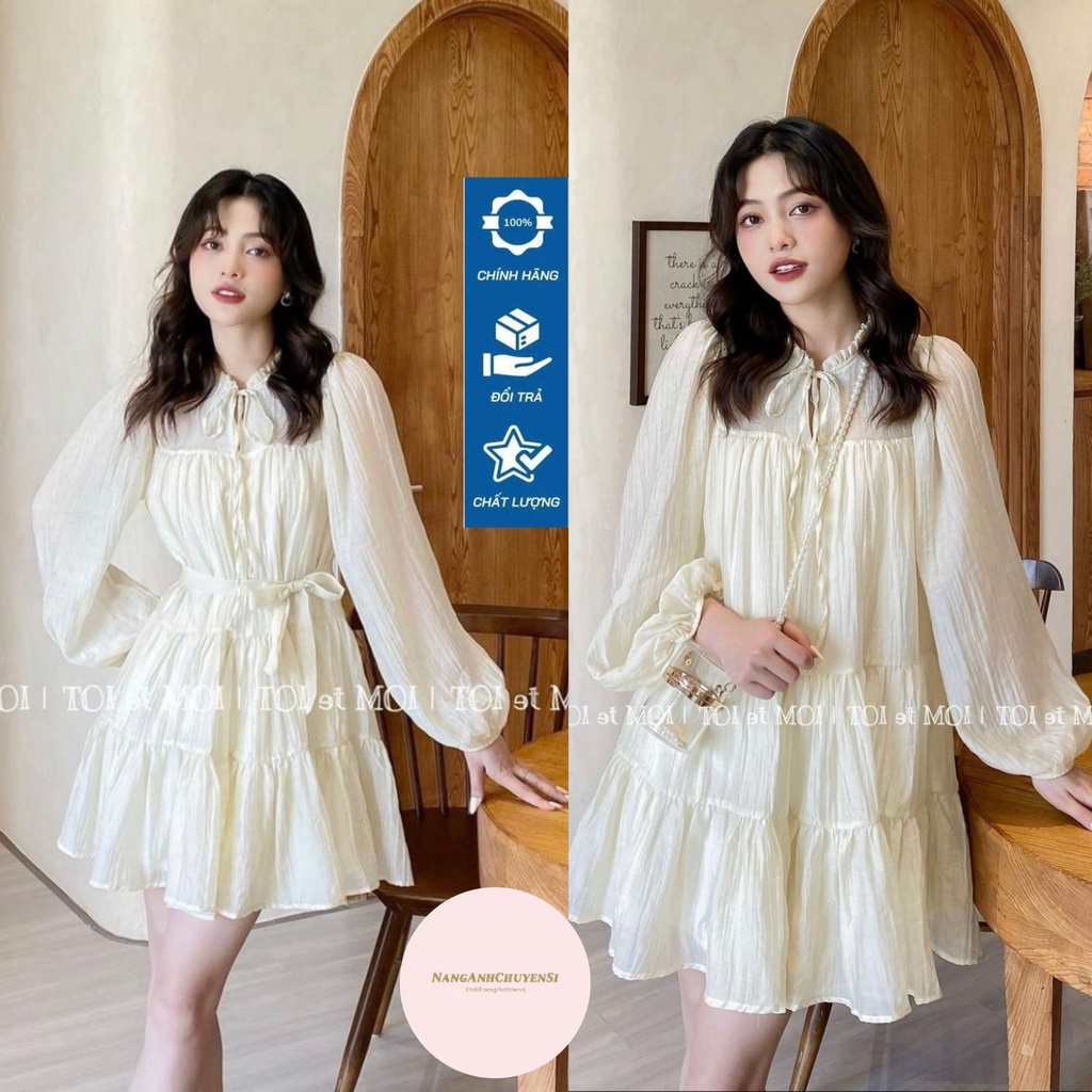 Đầm Voan Babydoll 2 Lớp Tay Dài Bo Gấu Có Dây Thắt Eo Hottren 2022 Phong Cách Hàn Quốc V1983