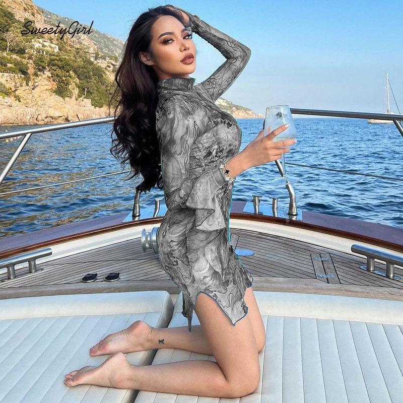 Đầm Mini Tay Dài Cổ Cao Ôm Eo Họa Tiết Màu Nhuộm Thời Trang 2022 Cho Nữ