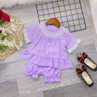 pijama đũi cổ ren bé gái