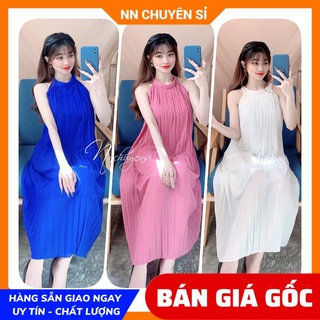 Đầm maxi xếp li phom suông cổ yếm dễ thương (bầu bí bon chen thoải mái) Đầm voan dập li vải mềm mát Đầm bầu TP117